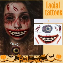 6 Ark Halloween Ansiktstatueringar, Halloween Ansiktsdekaler Skelettmun Tatuering Halloween Sminkset för Vuxna><noscript><img width=