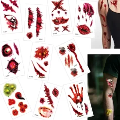10 Ark Halloween Horror Realistiska Falska Blodiga Sår Stygn Ärr Scab Läskiga Ansikts Tatueringar> Smink