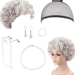 7 delar mormor peruk kostym set, mormor glasögon med pärlor armband, pärlhalsband, cosplay tillbehör för Mardi Gras Halloween (silvergrå peruk)> Peruker