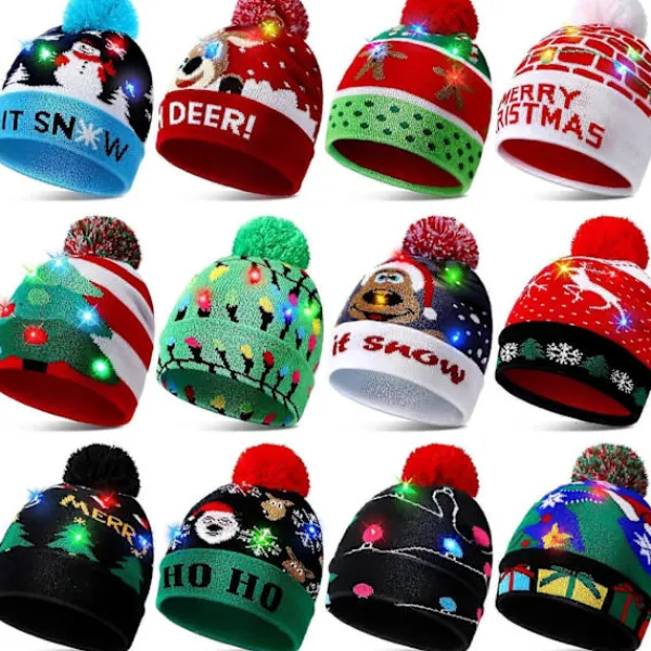 04 NY LED Julhatt Kreativ Blinkande LED-Ljus Stickad Hatt Snögubbe Vinter Varm Färg Stickad Mössa Julklapp> Huvudbonader