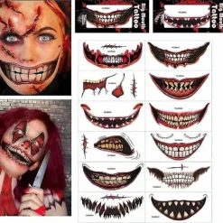 12 Pcs Halloween Graphic Tattoo Sticker Cosplay Joker Mouth Sticker> Smink