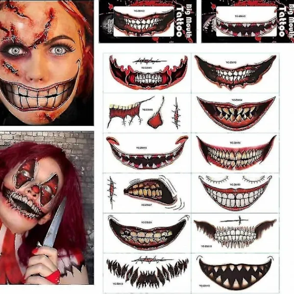 12 Pcs Halloween Graphic Tattoo Sticker Cosplay Joker Mouth Sticker> Smink