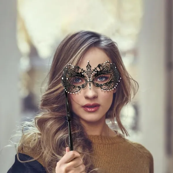 AcserGery 2025 Senaste Modell Venetiansk Halloween Mardi Gras Party Mask med Hållpinne, Karneval Handhållen Metall Fjäder Strass Maskerad> Masker