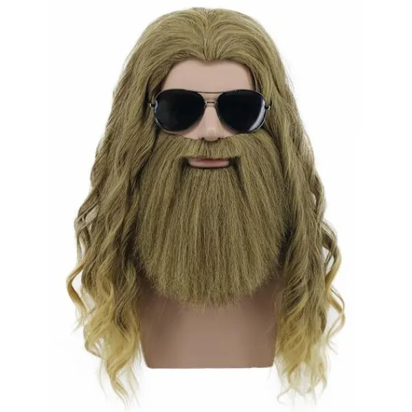 AcserGery 2025 Senaste Modell Män Lång Lockig Guldbrun Skägg Peruk Anime Kostym Peruk för Halloween Cosplay Fest> Peruker