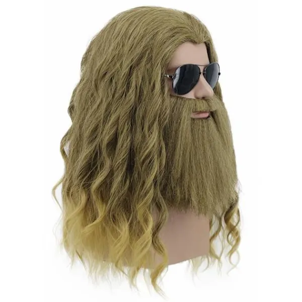 AcserGery 2025 Senaste Modell Män Lång Lockig Guldbrun Skägg Peruk Anime Kostym Peruk för Halloween Cosplay Fest> Peruker