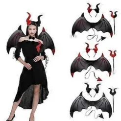 1 Set Halloween Djävulskostymset Djävulvinge Djävulspinne Djävulshorn Hårband Kostymtillbehör (B)> Tillbehör