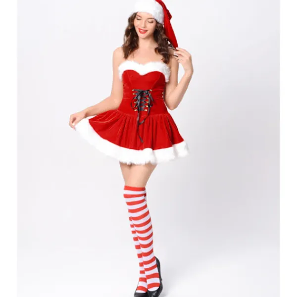 1 Sexig Julfestklänning, Damscenkostym, Rollspels Juluniformset M> Dräkter