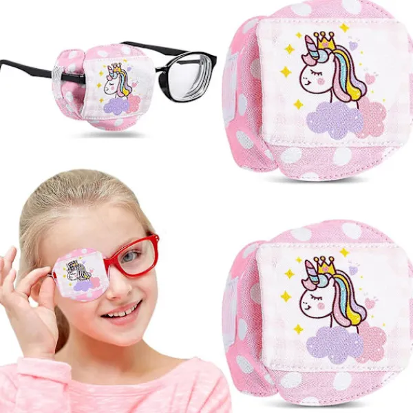 2 st barns bomullsögonlappar 3d ögonlapp för glasögon rosa enhörning återanvändbara ögonlappar för barn flickor pojkar (höger öga)> Masker