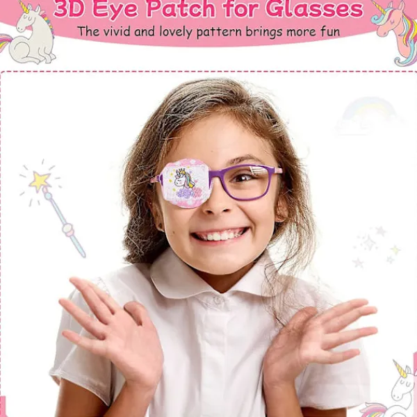 2 st barns bomullsögonlappar 3d ögonlapp för glasögon rosa enhörning återanvändbara ögonlappar för barn flickor pojkar (höger öga)> Masker