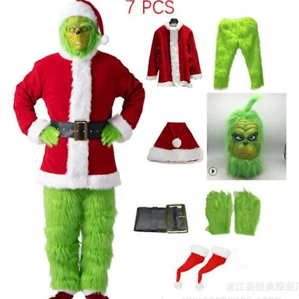 7 st Grinhen Kostym Jul osplay Vuxen Tomtedräkt Set + Mask A-Perfet 3XL> Dräkter