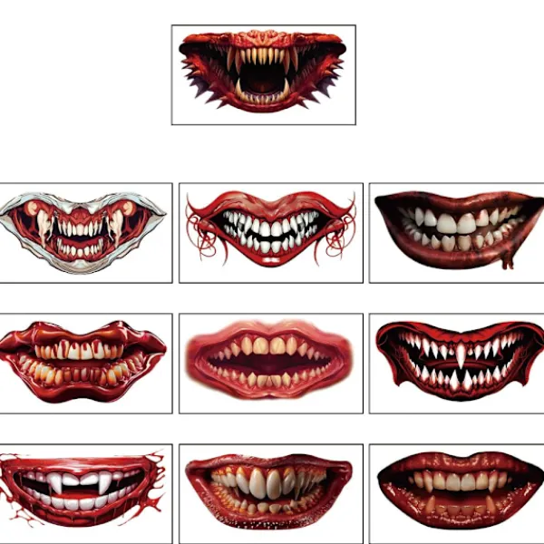 10 st Halloween Clown Horror Mun-Tatueringsdekaler Ansiktsdekaler Falska Tatueringsdekaler Tillfälliga Tatueringsset> Smink