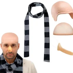 FMYSJ 4 st Halloween Kostymtillbehör för Vuxna, Latex Skallig Huvud med Peruk, Randig Halsduk, Falsk Lång Näsa, Rollek Party Tecknad Cosplay (FMY)> Tillbehör