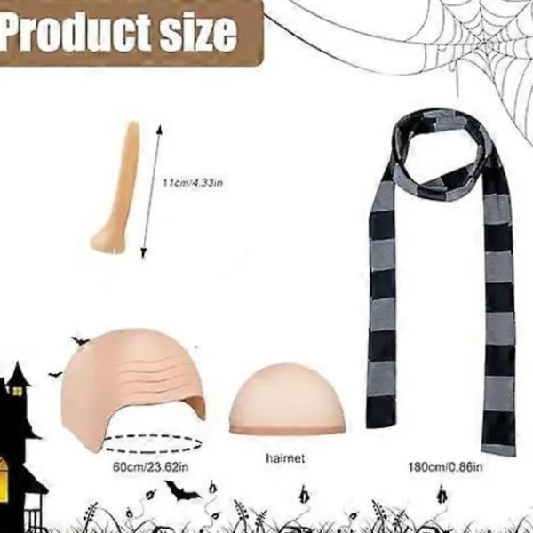 FMYSJ 4 st Halloween Kostymtillbehör för Vuxna, Latex Skallig Huvud med Peruk, Randig Halsduk, Falsk Lång Näsa, Rollek Party Tecknad Cosplay (FMY)> Tillbehör