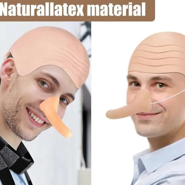 FMYSJ 4 st Halloween Kostymtillbehör för Vuxna, Latex Skallig Huvud med Peruk, Randig Halsduk, Falsk Lång Näsa, Rollek Party Tecknad Cosplay (FMY)> Tillbehör