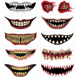 10 st Halloween Skämt Makeup Tillfälliga Tatueringar Ansiktsdekaler, Clown Läskig Stor Mun Vattentät Falsk Tatuering Dekaler> Smink