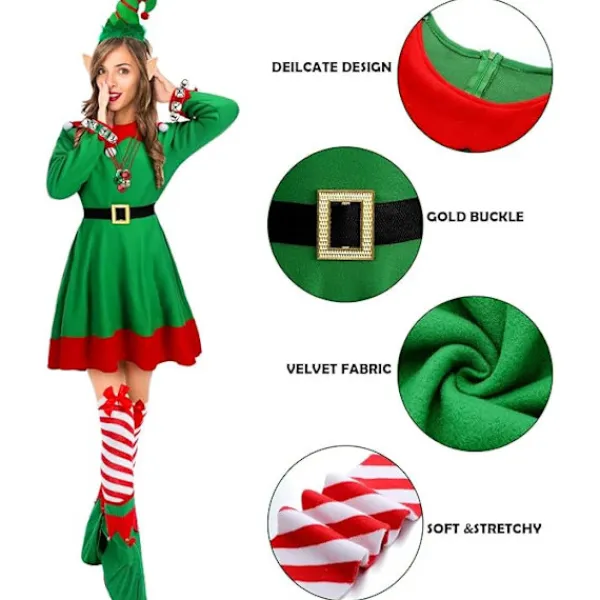 12 st Kvinnor Jul Tomte Kostym Jultomtens Hjälpredor Klänning Outfit Tomtehatt Klockor Öron Skor Jul Fancy för Fest (Storlek, XL)> Dräkter