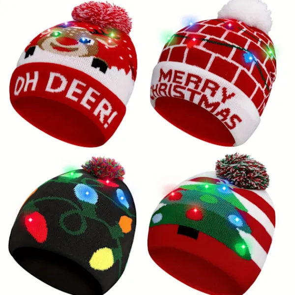 FMYSJ 4 st LED-upplysta julhattar - Festliga stickade vinterhattar med glitteraccenter, perfekta för vuxna och barn, jul- och nyårsfirande (FMY) Blue Style | Fyndiq> Tillbehör