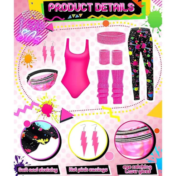 7 st 80-tals Träningsdräkt 80-tals Set 80-tals 90-tals Gymnastikdräkt Leggings Pannband Armband Benvärmare Örhängen Midjeväska Stänk Tryck Large | Fyndiq> Dräkter