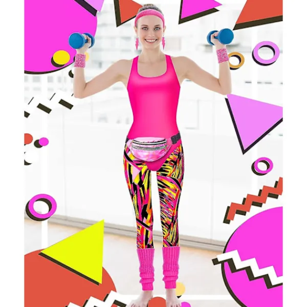 KOOLMEI 7 st 80-tals träningskostym 80- set 80-tals 90-tals Leotard Legging Pannband Armband Benvärmare Örhängen Fanny Pack Large> Dräkter