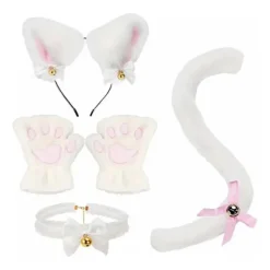 4 st/set Kattdräkt Cosplay Tillbehör Set Plysch Material Kattöron Hårband Klockhalsband Klotassar Svans Set One Size> Tillbehör