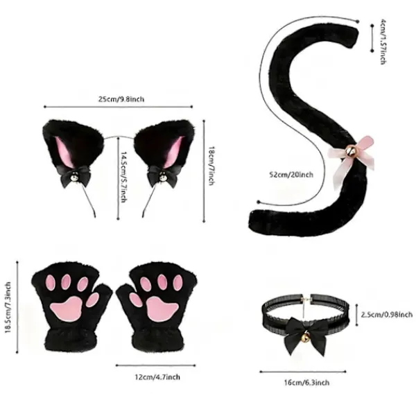 4 st/set Kattdräkt Cosplay Tillbehör Set Plysch Material Kattöron Hårband Klockhalsband Klotassar Svans Set One Size> Tillbehör