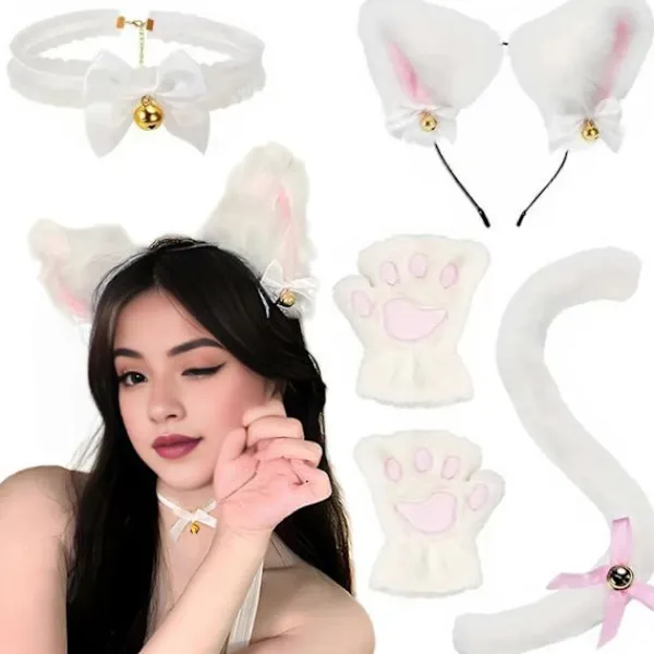 FMYSJ 4 st/set Kattdräkt Cosplay Tillbehör Set Plysch Material Kattöron Hårband Klockhalsband Klotassar Svans Set (FMY) One Size> Tillbehör