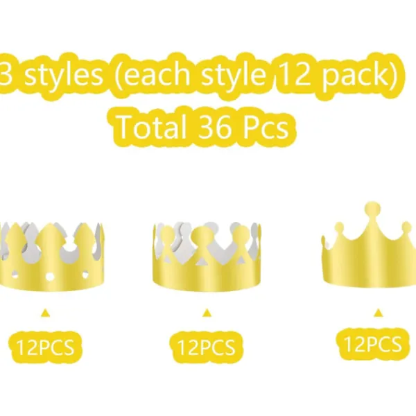 36 stycken gyllene kungakronor guldfolie papper party krona hatt mössa för födelsedagsfirande babyshower fotorekvisita (guld)> Huvudbonader
