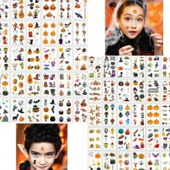 ATELA 60 stycken Halloween tecknade tatueringsklistermärken för barn Roliga pumpa T> Smink