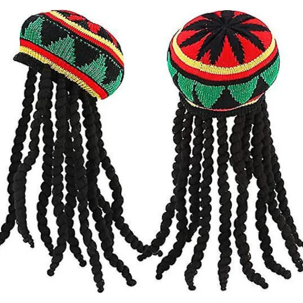 2 stycken Rasta-hattar med svart dreadlocks-peruk med mössa för kostymtillbehör, 35,4 tum> Huvudbonader