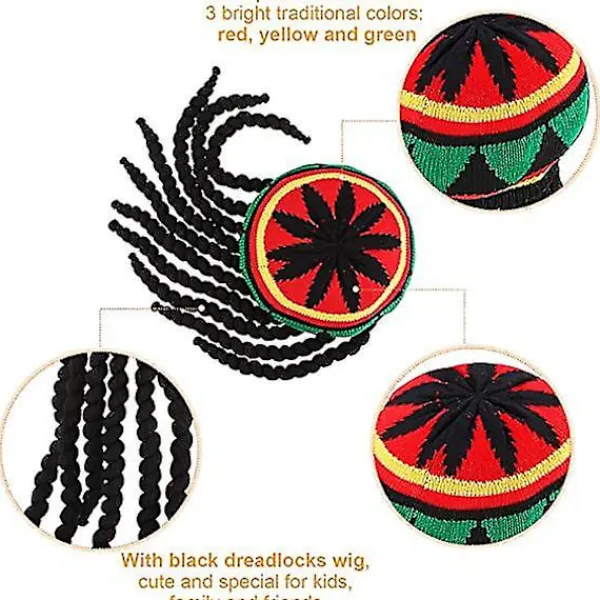 2 stycken Rasta-hattar med svart dreadlocks-peruk med mössa för kostymtillbehör, 35,4 tum> Huvudbonader