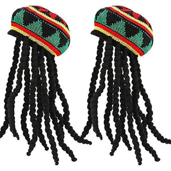 2 stycken Rasta-hattar med svart dreadlocks-peruk med mössa för kostymtillbehör, 35,4 tum> Huvudbonader