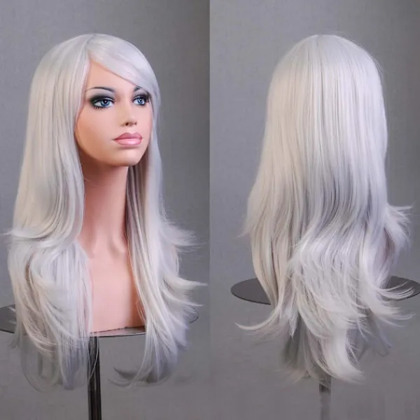 28 tum Lång Vågig Lockig Hårförlängning Cosplay Peruk med Lugg Värmebeständig Syntetisk Peruk för Fest Kostym Anime Halloween (Lila)> Peruker