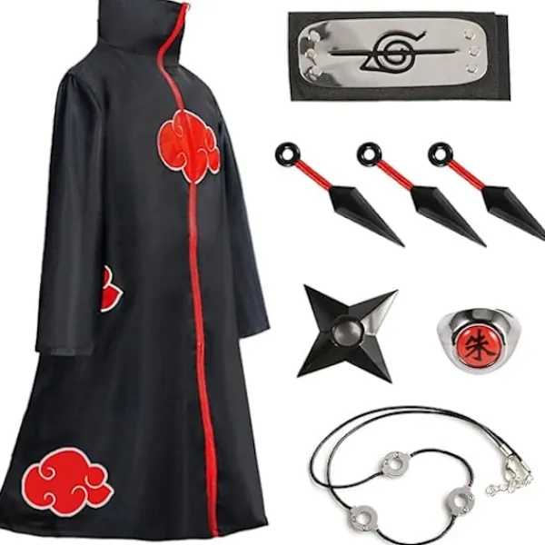 Akatsuki Itachi Kostym Cape Cosplay Akatsuki Uchiha Itachi Kostym Pannband Ring Halsband Ninja Tillbehör Anime Karneval Halloween Jul, storlek L> Dräkter