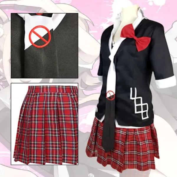 KOOLYOU Anime Danganronpa Enoshima Junko Cosplay Kostym Uniform Cafe Arbetskläder Kort Kjol Dubbel Svans Fläta Peruk Halloween Kostym costume2> Dräkter