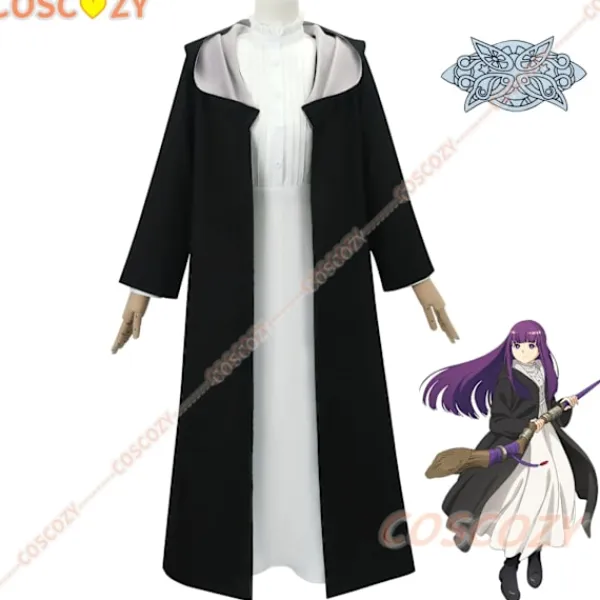 KOOLYOU Anime Frieren: Beyond Journey's End Fern Cosplay Kostym Vit Lång Klänning och Svart Robe Lila Peruk Huvudbonad Halloween Dräkt Wig only> Peruker