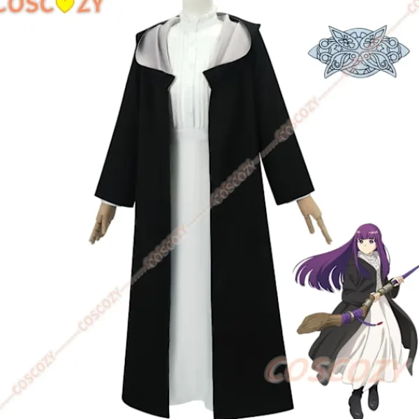 KOOLYOU Anime Frieren: Beyond Journey's End Fern Cosplay Kostym Vit Lång Klänning och Svart Robe Lila Peruk Huvudbonad Halloween Dräkt Wig only> Peruker