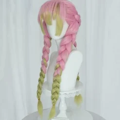Anime Rosa och Grön Peruk för Mitsuri Cosplay Flätad Hårperuk med Flätor Halloweenfest Peruk + Mössa, wz-2055 (FMY)> Peruker
