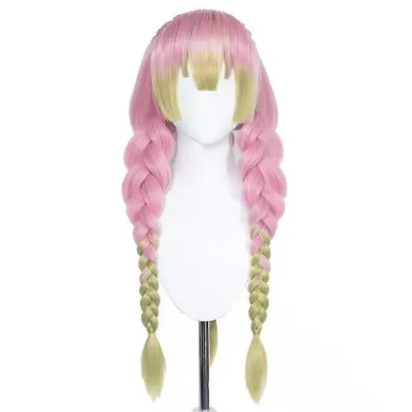Anime Rosa och Grön Peruk för Mitsuri Cosplay Flätad Hårperuk med Flätor Halloweenfest Peruk + Mössa, wz-2055 (FMY)> Peruker