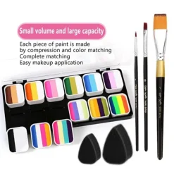 DMstore Ansiktsmålning Kit 1-streck 12 Delad Kakpalett, vattenaktiverad Kroppsmålningssats med 3 Borstar 2 Svamp><noscript><img width=