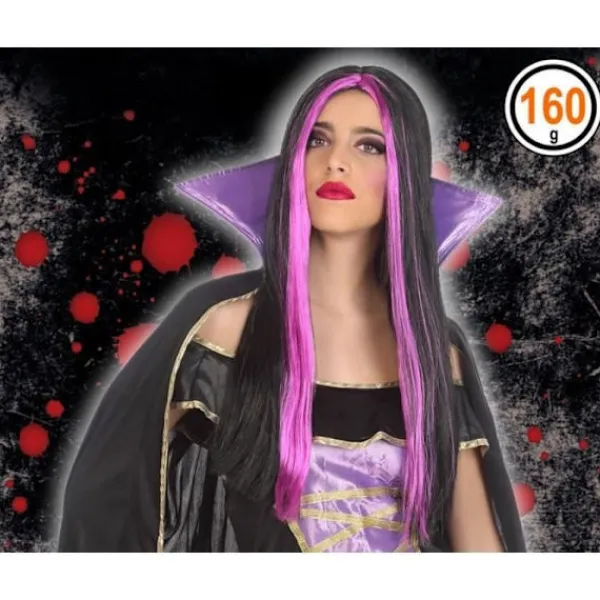 ATOSA vampyrperuk för vuxna kvinnor - Fuchsia och svart - Lång med 2 fuchsiatrådar framtill> Peruker