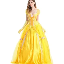 Belle klänning vuxen prinsessa kostym fest karneval cosplay performance halloween gul kostym med handskar,XXL><noscript><img width=