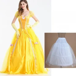 Belle klänning vuxen prinsessa kostym fest karneval cosplay performance halloween gul kostym med handskar med stor krinolin, L> Dräkter