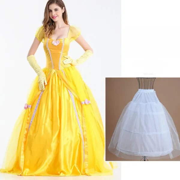 Belle klänning vuxen prinsessa kostym fest karneval cosplay performance halloween gul kostym med handskar med stor krinolin, L> Dräkter