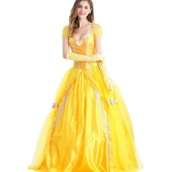 Belle klänning vuxen prinsessa kostym fest karneval cosplay performance halloween gul kostym med handskar med stor krinolin, L> Dräkter