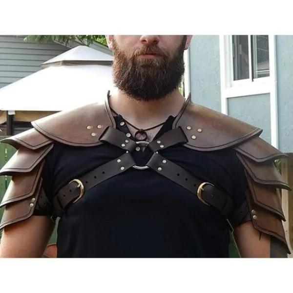 Betterlifefg - Medeltida Viking Läder Dubbel Axelrustning Steampunk Vintage Läder Sele Retro Spartacus Krigare Gladiator Läderrustning> Dräkter