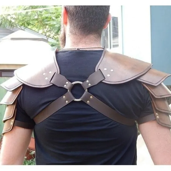 Betterlifefg - Medeltida Viking Läder Dubbel Axelrustning Steampunk Vintage Läder Sele Retro Spartacus Krigare Gladiator Läderrustning> Dräkter