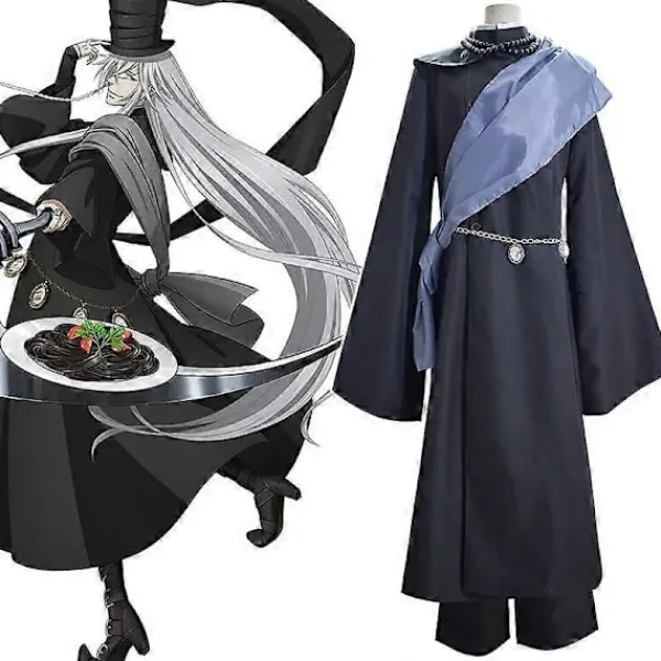 Black Butler Kuroshitsuji Undertaker Cosplay Kostym Halloweenfest Kostymer Skräddarsydda Full Set Hatt Kedja och S> Peruker