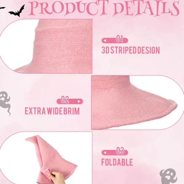 Bredbrättad Stickad Häxhatt, Vikbar Spetsig Filthatt för Kvinnor, Halloween Cosplay Kostym Maskeradaccessoar> Huvudbonader
