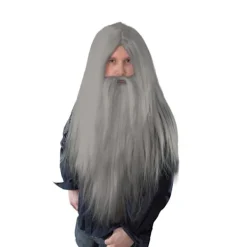 Bristol Novelty Lång trollkarlsperuk och skägg för män, en storlek, grå One Size> Tillbehör