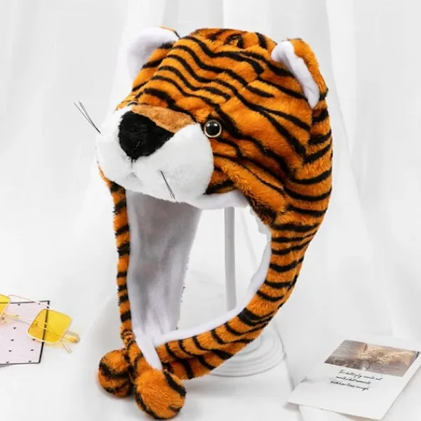Children Adult Cartoon Cap Kindergarten Parent-Child Props Tiger Head Cover Plush Animal Hat Bonnets for Men Women Boys Girls> Huvudbonader